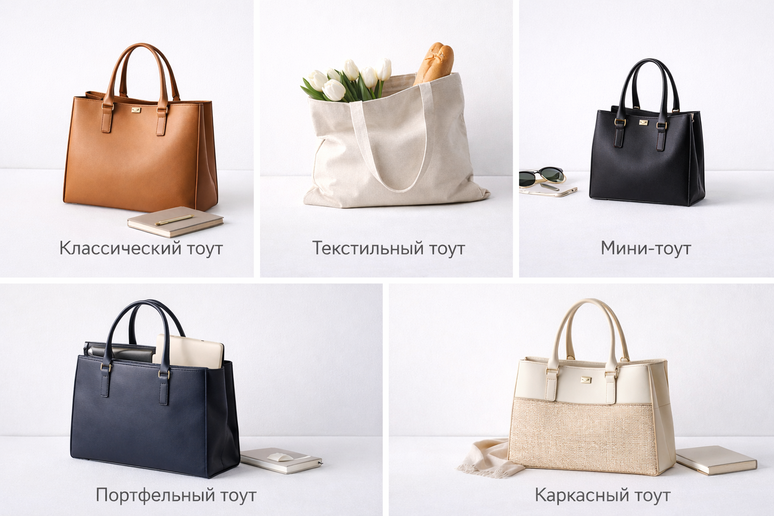 Виды сумок тоут — классические, текстильные, мини-тоуты, портфельные и каркасные модели на белом фоне